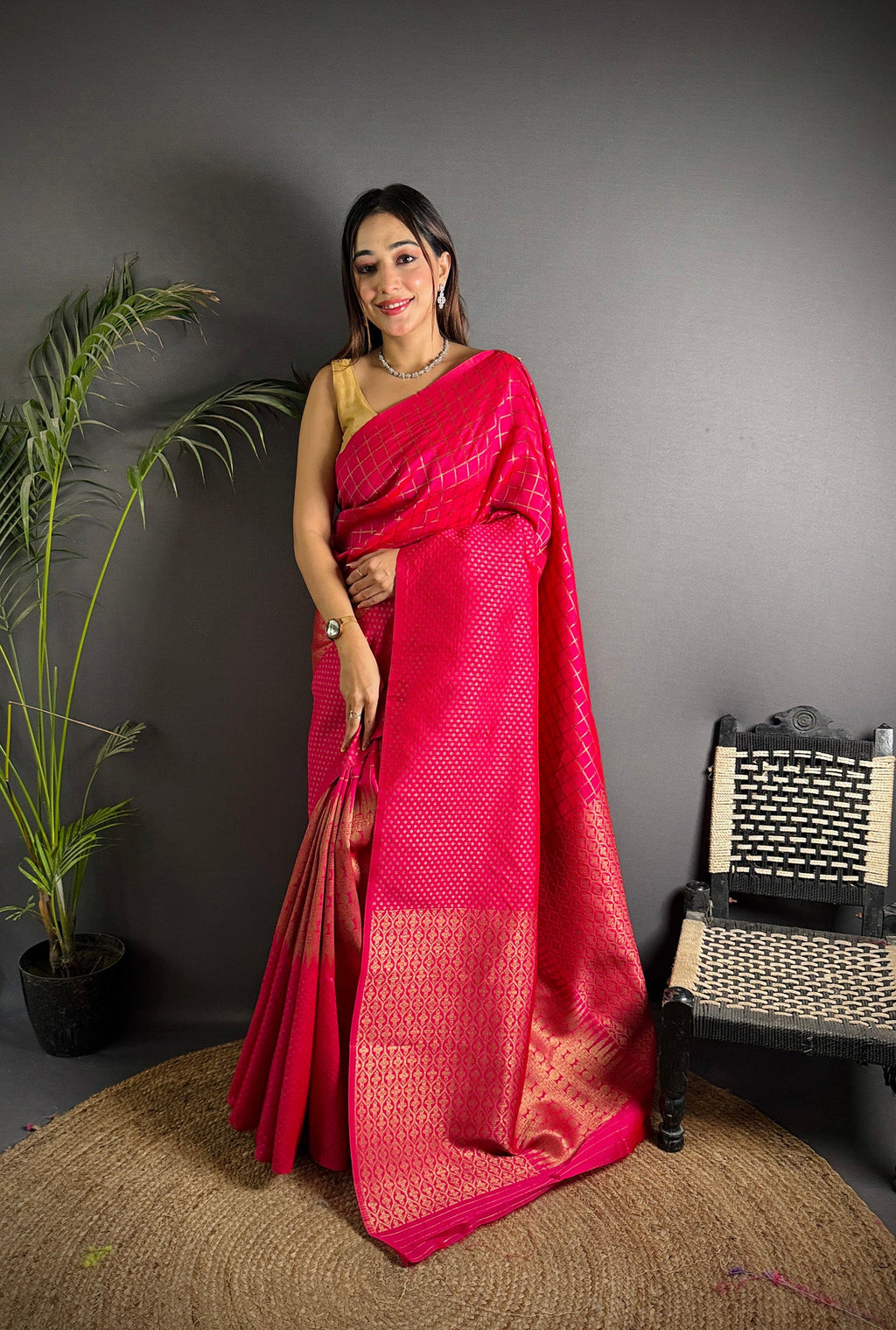 Elora Hot Pink Soft Lichi Silk Banarasi Khicha Zari Work Saree | Grocsy