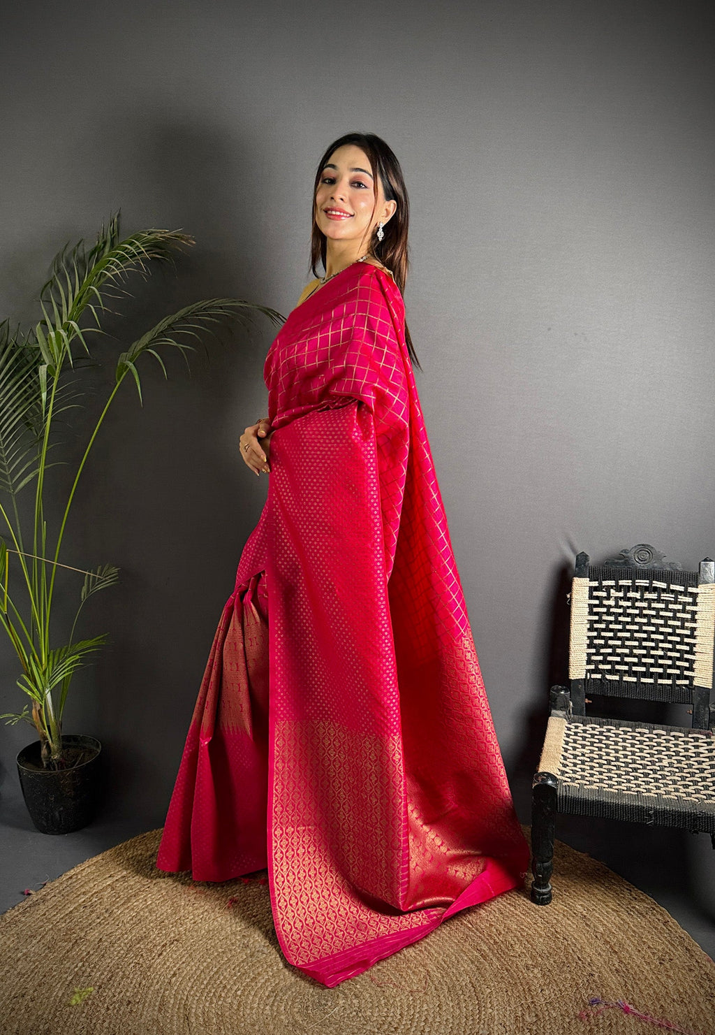 Elora Hot Pink Soft Lichi Silk Banarasi Khicha Zari Work Saree | Grocsy