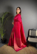 Elora Hot Pink Soft Lichi Silk Banarasi Khicha Zari Work Saree | Grocsy