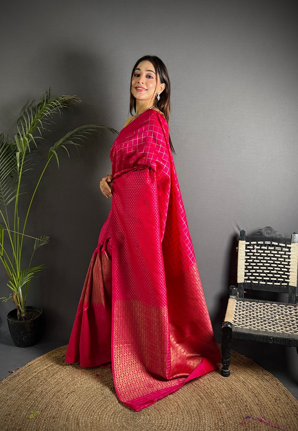 Elora Hot Pink Soft Lichi Silk Banarasi Khicha Zari Work Saree | Grocsy