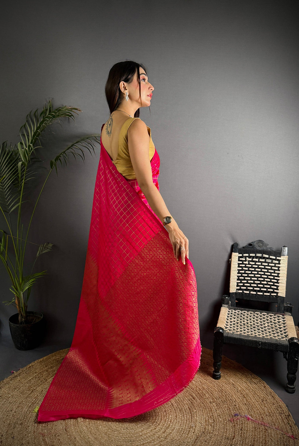 Elora Hot Pink Soft Lichi Silk Banarasi Khicha Zari Work Saree | Grocsy