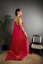 Elora Hot Pink Soft Lichi Silk Banarasi Khicha Zari Work Saree | Grocsy