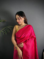 Elora Hot Pink Soft Lichi Silk Banarasi Khicha Zari Work Saree | Grocsy