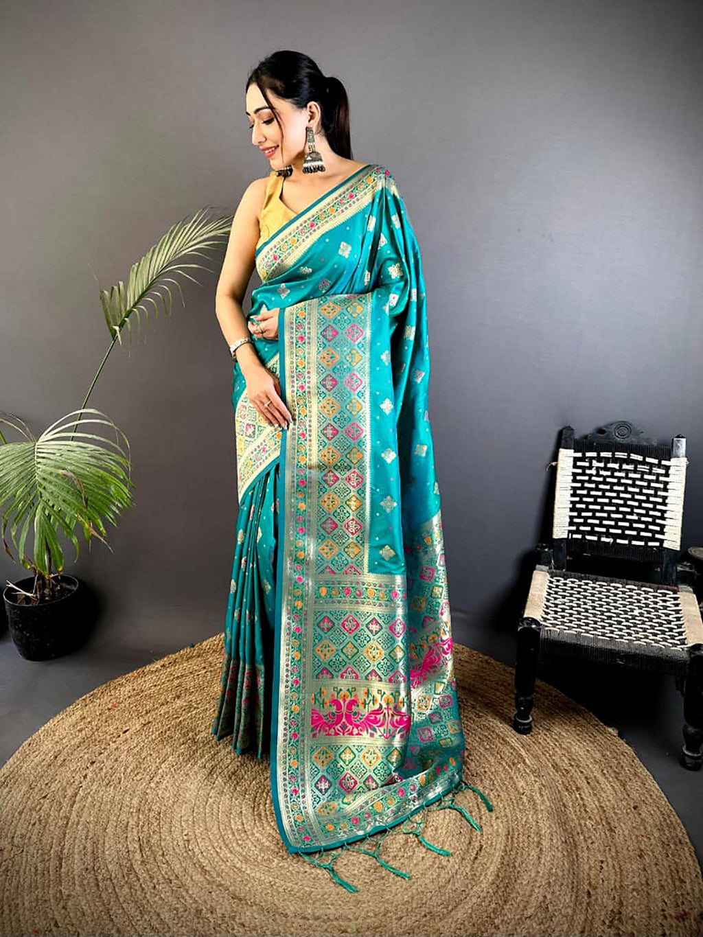 Joban Fashion Teal Banarasi Lichi Silk Meenakari Weaving Saree | Grocsy