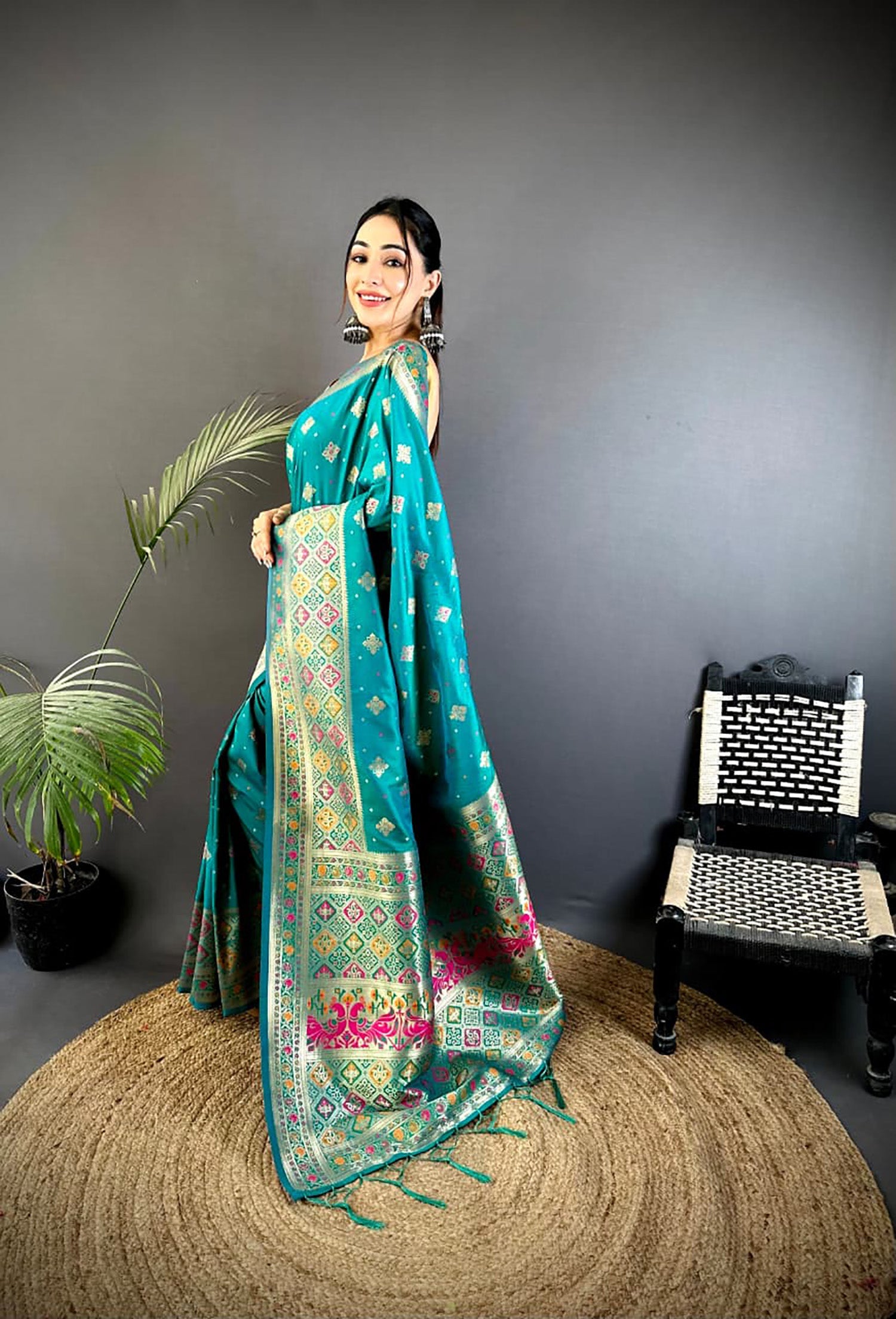 Joban Fashion Teal Banarasi Lichi Silk Meenakari Weaving Saree | Grocsy