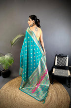 Joban Fashion Teal Banarasi Lichi Silk Meenakari Weaving Saree | Grocsy