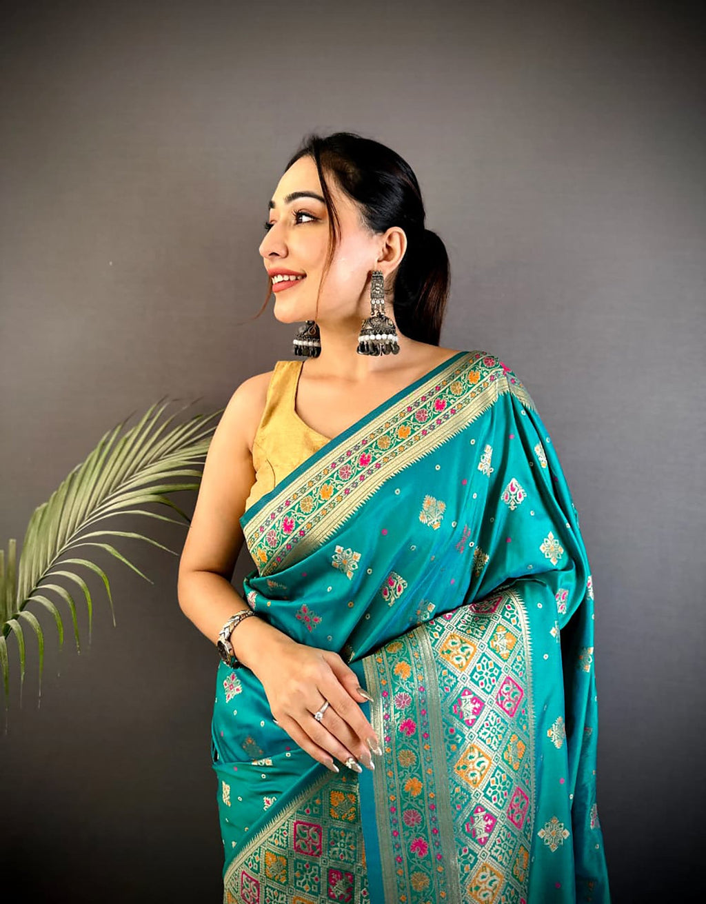 Joban Fashion Teal Banarasi Lichi Silk Meenakari Weaving Saree | Grocsy