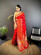 Joban Fashion Red Banarasi Lichi Silk Meenakari Weaving Saree | Grocsy