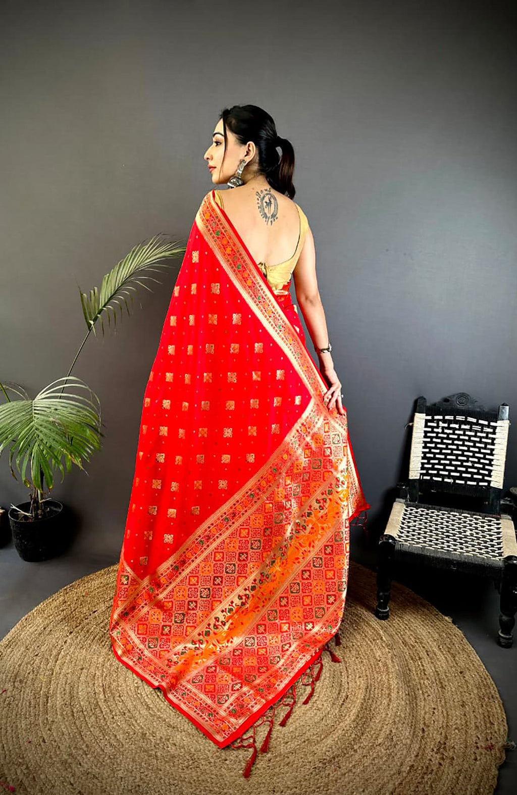 Joban Fashion Red Banarasi Lichi Silk Meenakari Weaving Saree | Grocsy