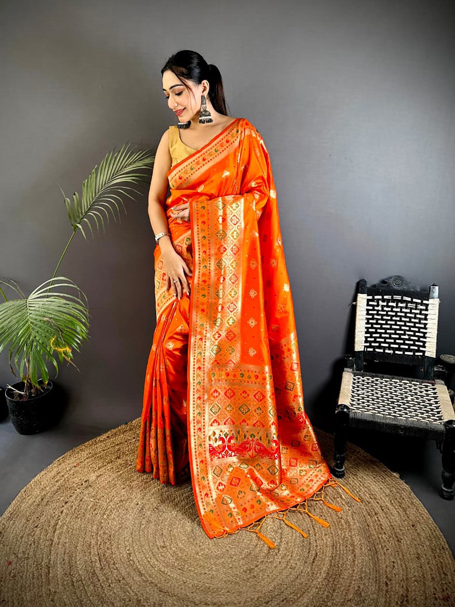 Joban Fashion Orange Banarasi Lichi Silk Meenakari Weaving Saree | Grocsy