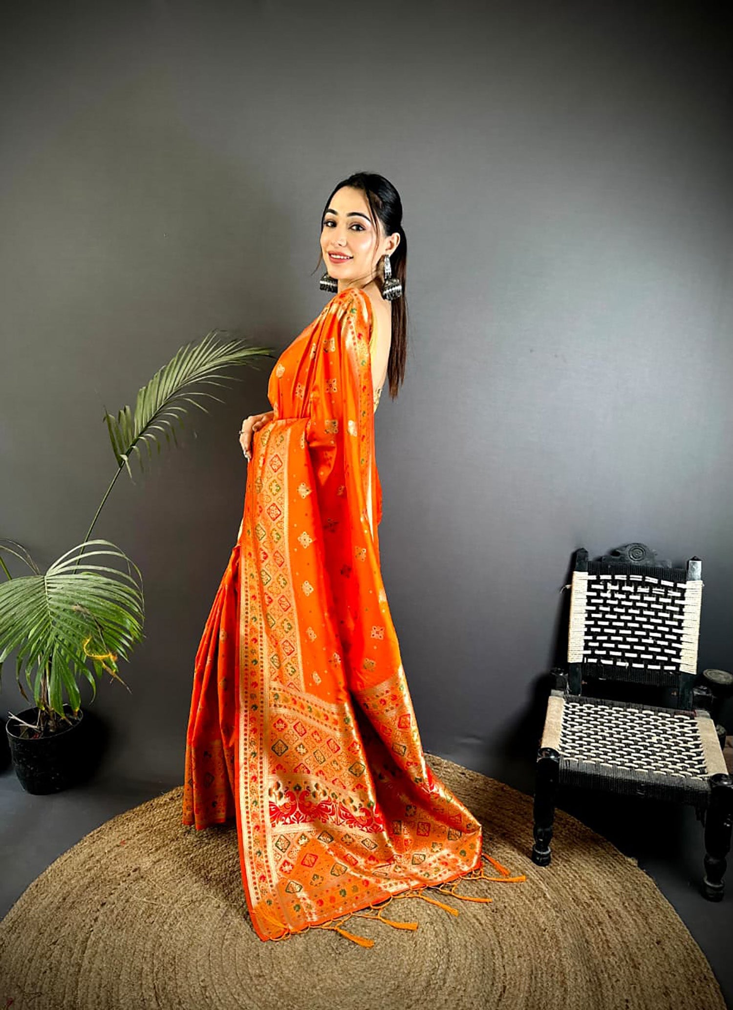 Joban Fashion Orange Banarasi Lichi Silk Meenakari Weaving Saree | Grocsy