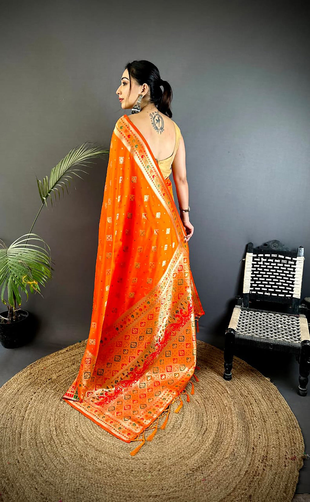 Joban Fashion Orange Banarasi Lichi Silk Meenakari Weaving Saree | Grocsy