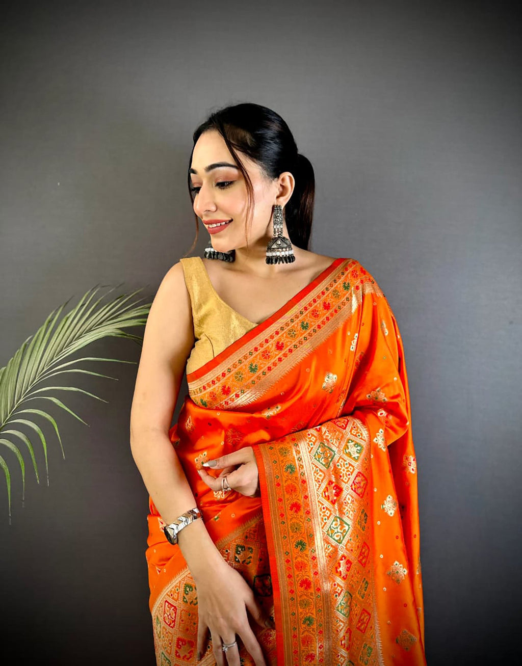 Joban Fashion Orange Banarasi Lichi Silk Meenakari Weaving Saree | Grocsy