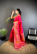 Joban Fashion Coral Pink Banarasi Lichi Silk Meenakari Weaving Saree | Grocsy