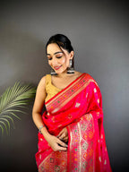 Joban Fashion Coral Pink Banarasi Lichi Silk Meenakari Weaving Saree | Grocsy