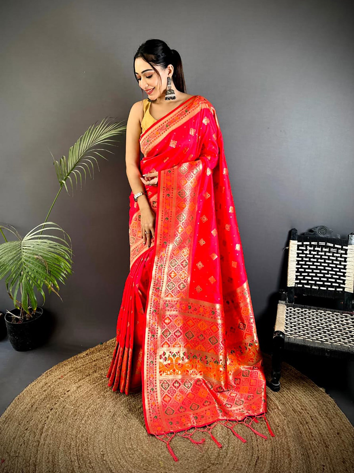 Joban Fashion Red Banarasi Lichi Silk Meenakari Weaving Saree | Grocsy