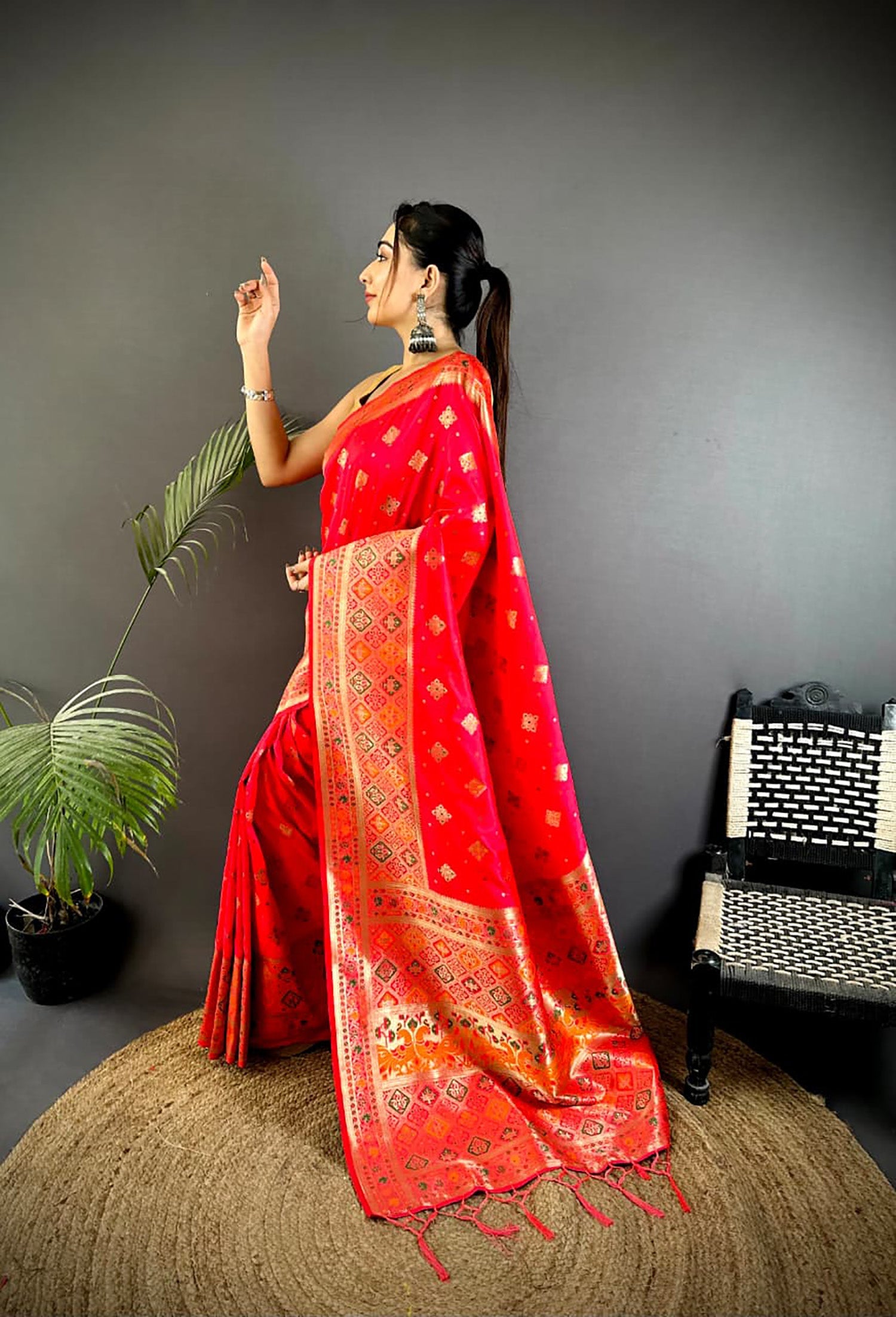 Joban Fashion Red Banarasi Lichi Silk Meenakari Weaving Saree | Grocsy
