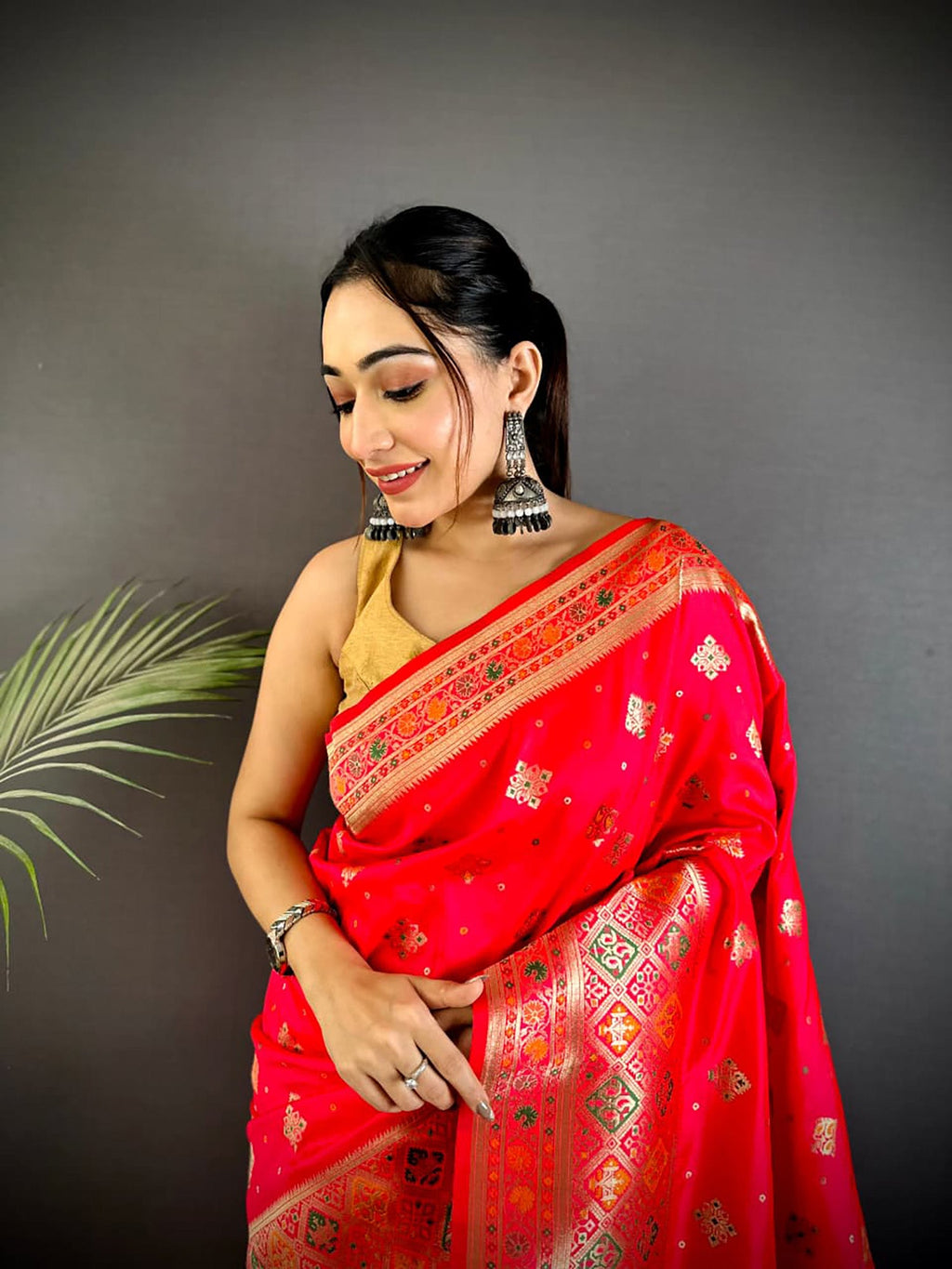 Joban Fashion Red Banarasi Lichi Silk Meenakari Weaving Saree | Grocsy