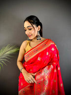 Joban Fashion Red Banarasi Lichi Silk Meenakari Weaving Saree | Grocsy