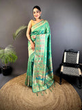Joban Fashion Sea Green Banarasi Lichi Silk Meenakari Weaving Saree | Grocsy