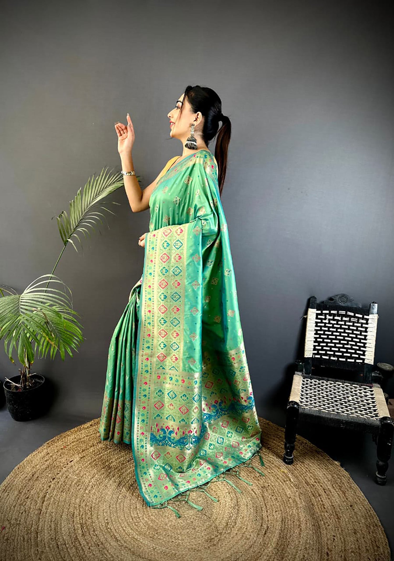 Joban Fashion Sea Green Banarasi Lichi Silk Meenakari Weaving Saree | Grocsy