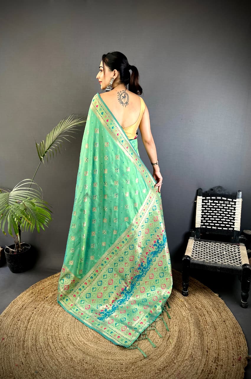 Joban Fashion Sea Green Banarasi Lichi Silk Meenakari Weaving Saree | Grocsy
