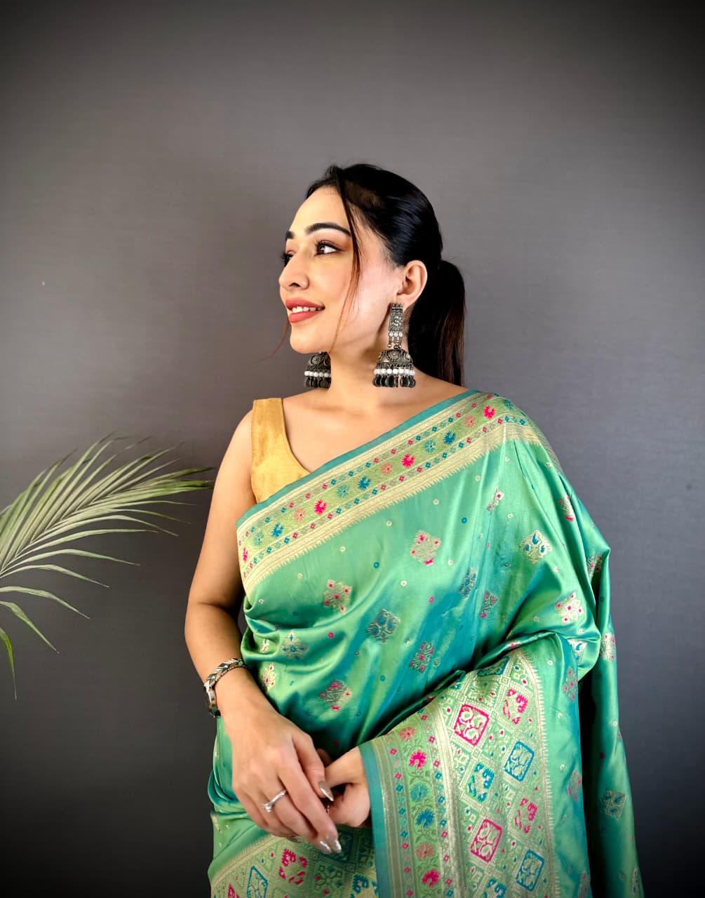 Joban Fashion Sea Green Banarasi Lichi Silk Meenakari Weaving Saree | Grocsy