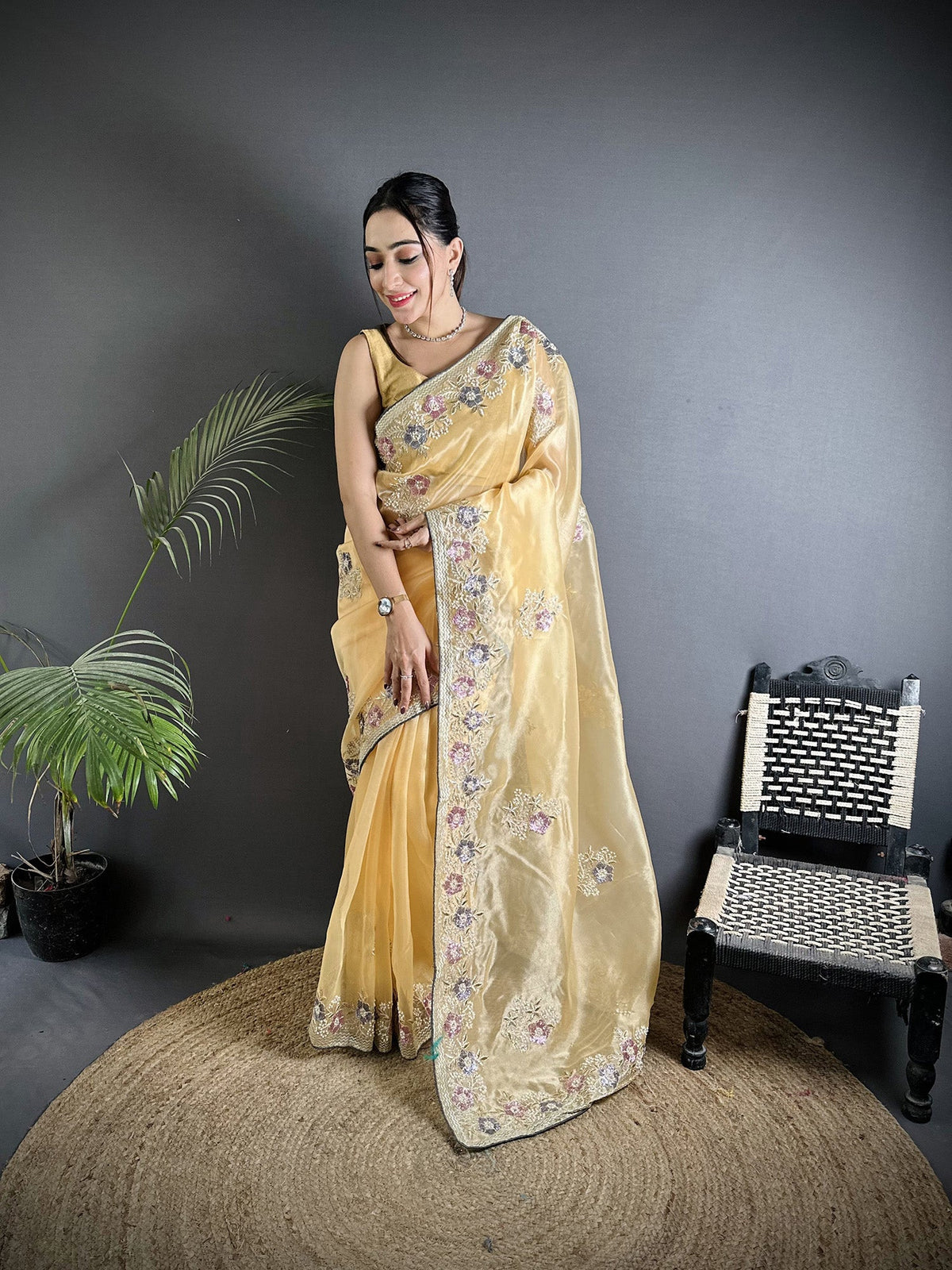Joban Fashion Bright Yellow Organza Silk Dubble Sequence Saree | Grocsy