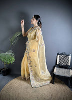 Joban Fashion Bright Yellow Organza Silk Dubble Sequence Saree | Grocsy