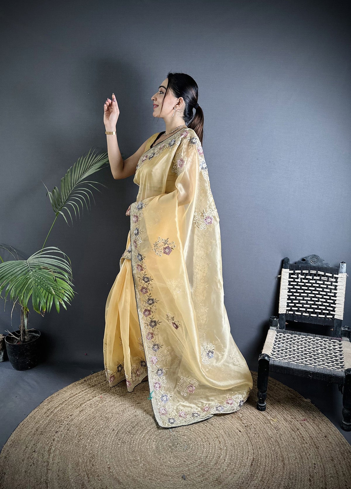 Joban Fashion Bright Yellow Organza Silk Dubble Sequence Saree | Grocsy