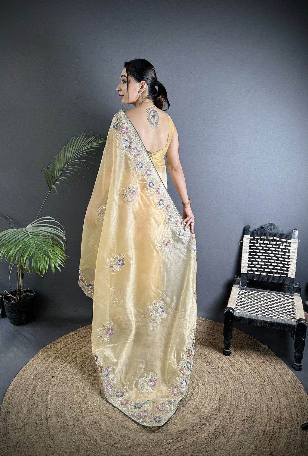 Joban Fashion Bright Yellow Organza Silk Dubble Sequence Saree | Grocsy