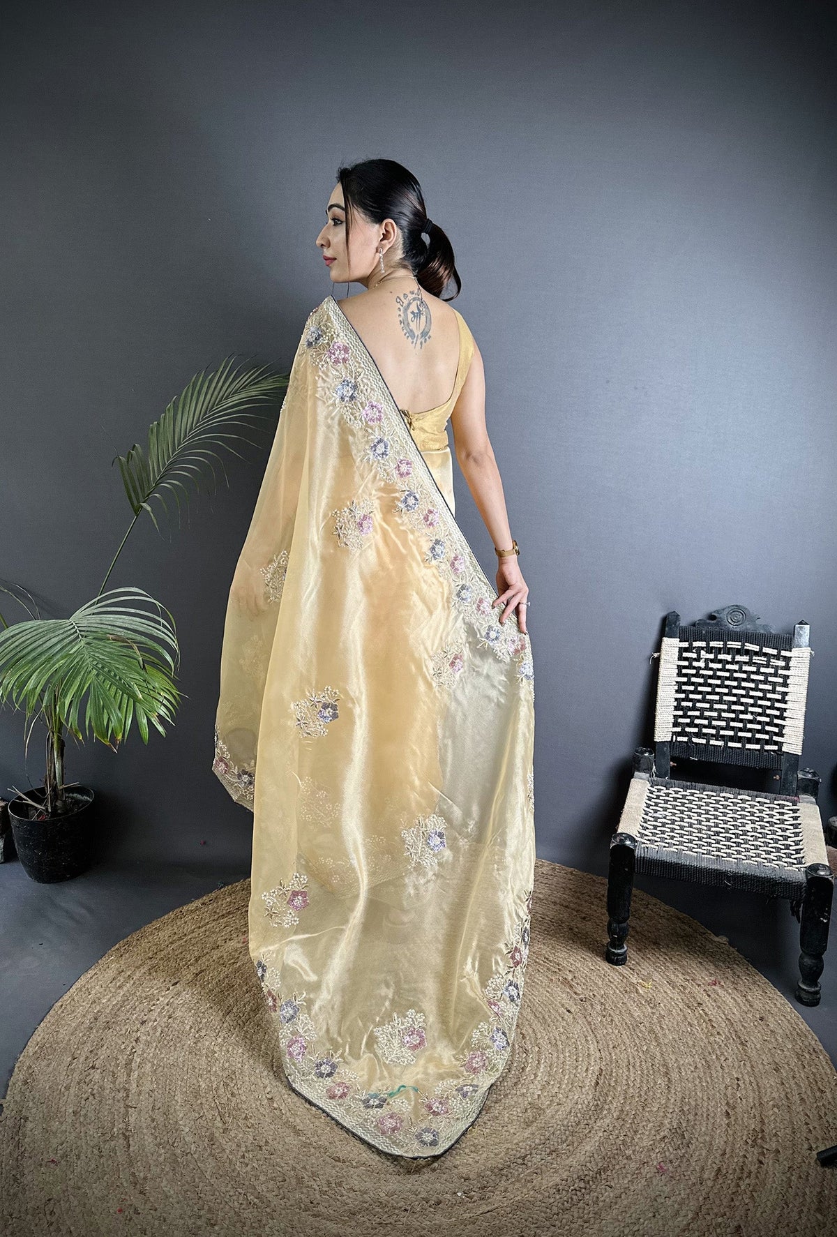 Joban Fashion Bright Yellow Organza Silk Dubble Sequence Saree | Grocsy
