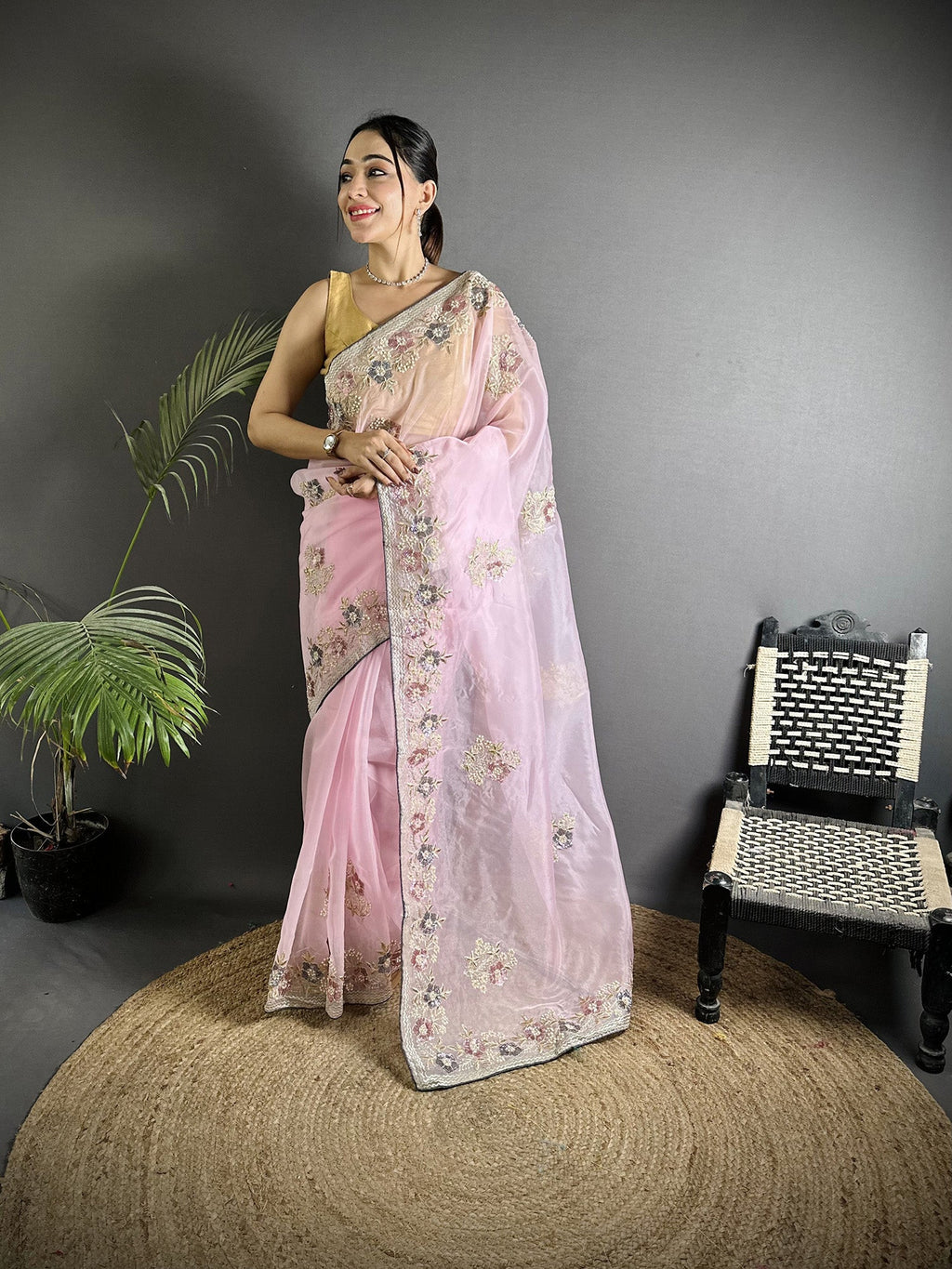Joban Fashion Light Pink Organza Silk Dubble Sequence Saree | Grocsy