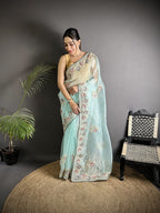 Joban Fashion Sky Blue Organza Silk Dubble Sequence Saree | Grocsy