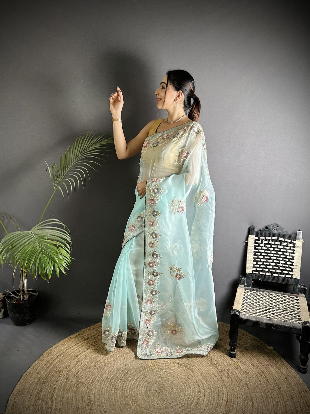 Joban Fashion Sky Blue Organza Silk Dubble Sequence Saree | Grocsy