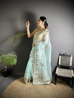 Joban Fashion Sky Blue Organza Silk Dubble Sequence Saree | Grocsy