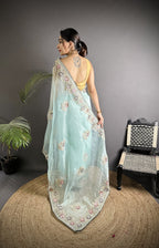 Joban Fashion Sky Blue Organza Silk Dubble Sequence Saree | Grocsy