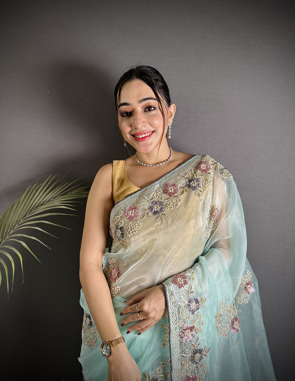 Joban Fashion Sky Blue Organza Silk Dubble Sequence Saree | Grocsy