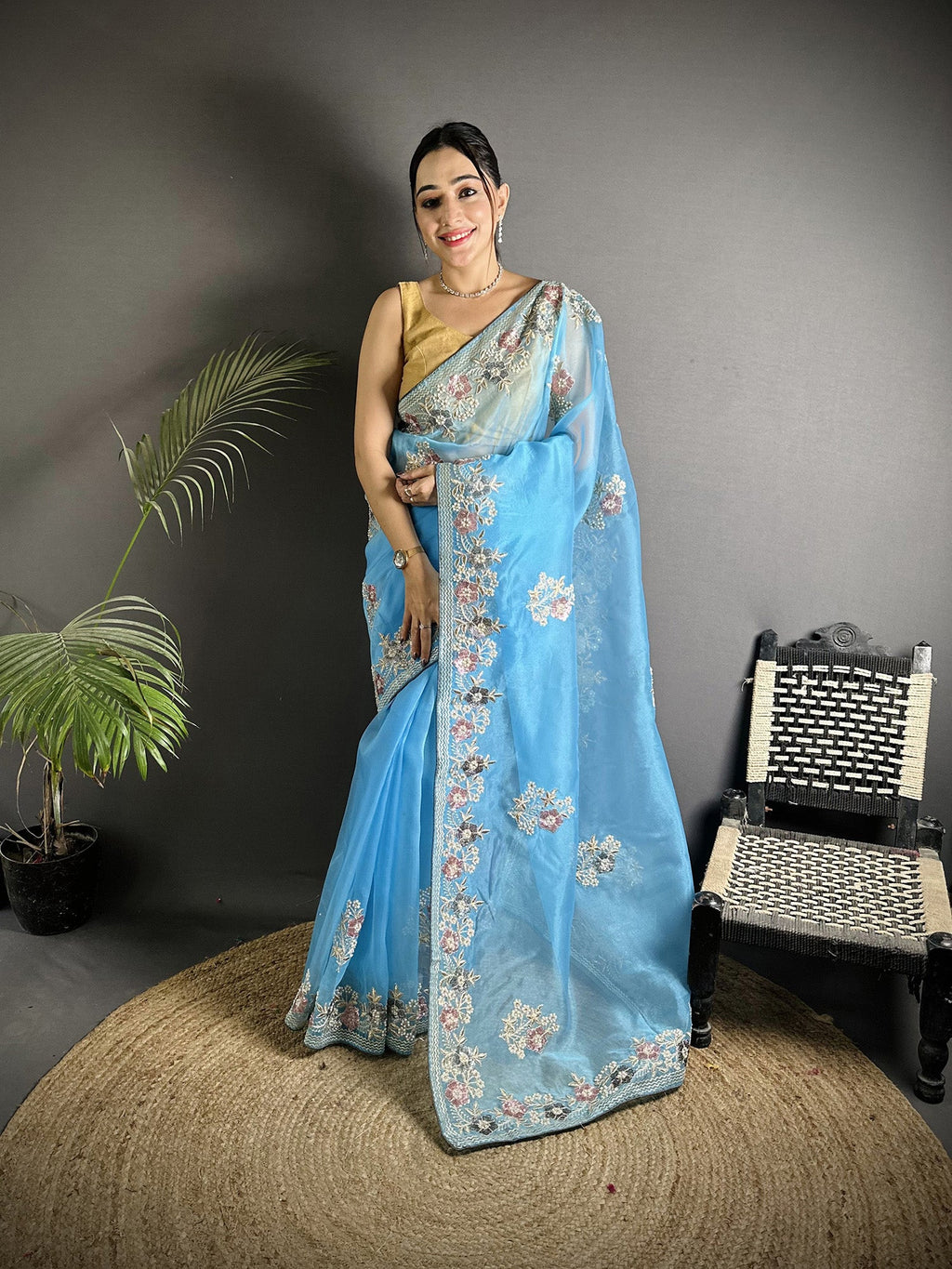 Joban Fashion Light Turquoise Organza Silk Dubble Sequence Saree | Grocsy