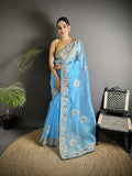 Joban Fashion Light Turquoise Organza Silk Dubble Sequence Saree | Grocsy