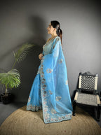 Joban Fashion Light Turquoise Organza Silk Dubble Sequence Saree | Grocsy