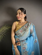 Joban Fashion Light Turquoise Organza Silk Dubble Sequence Saree | Grocsy