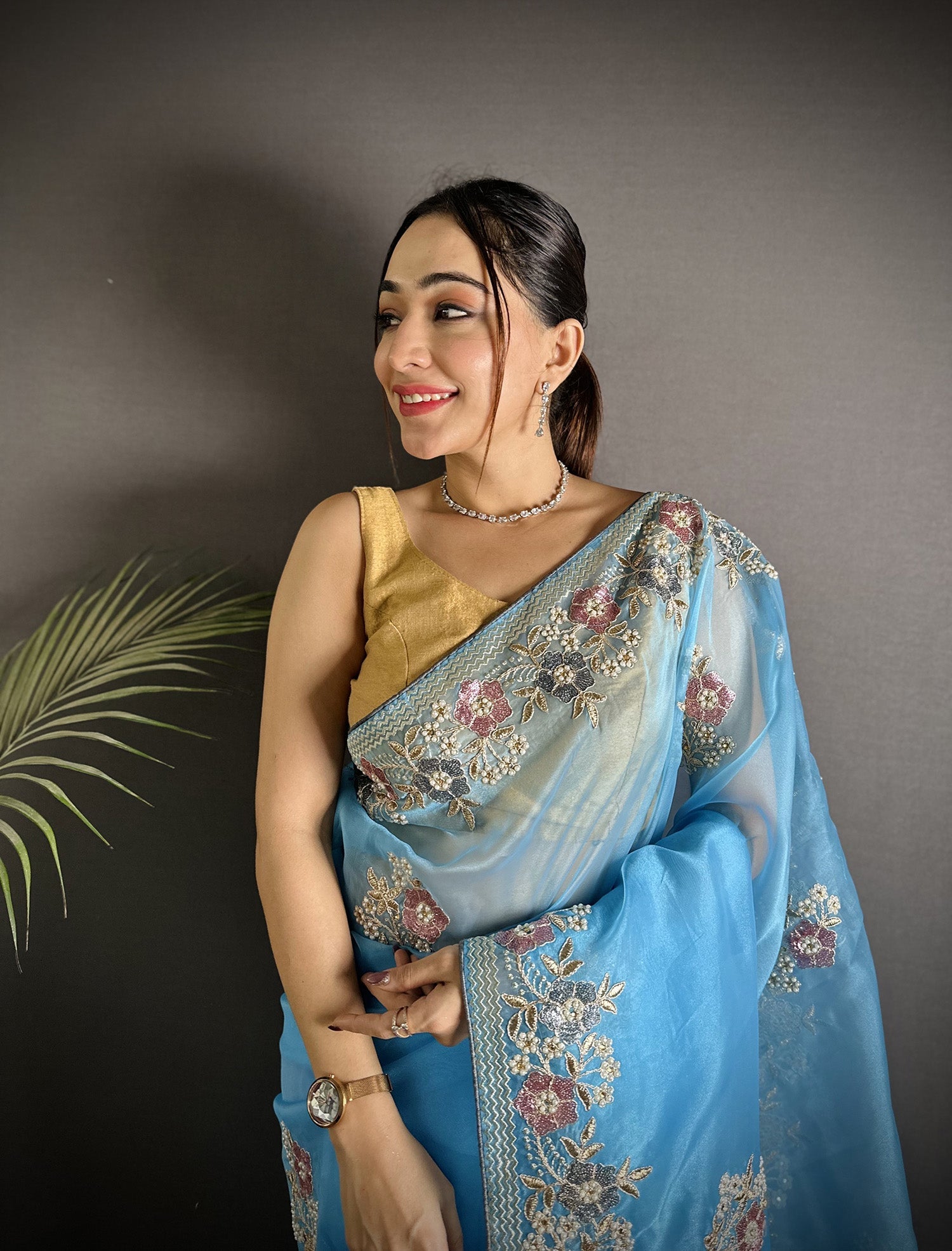 Joban Fashion Light Turquoise Organza Silk Dubble Sequence Saree | Grocsy