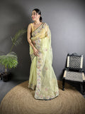 Joban Fashion Pale Prim Yellow Organza Silk Dubble Sequence Saree | Grocsy