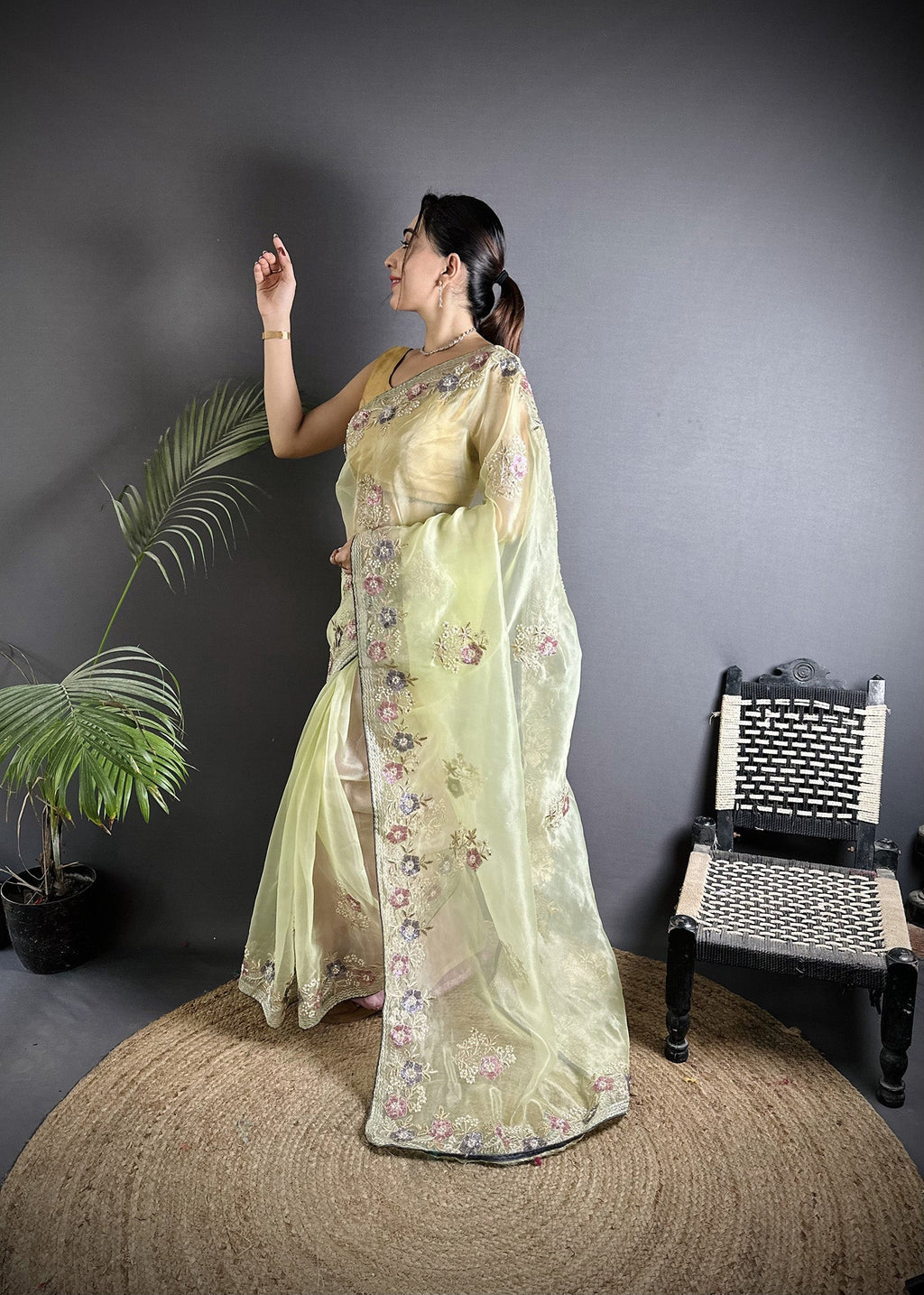 Joban Fashion Pale Prim Yellow Organza Silk Dubble Sequence Saree | Grocsy