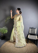 Joban Fashion Pale Prim Yellow Organza Silk Dubble Sequence Saree | Grocsy
