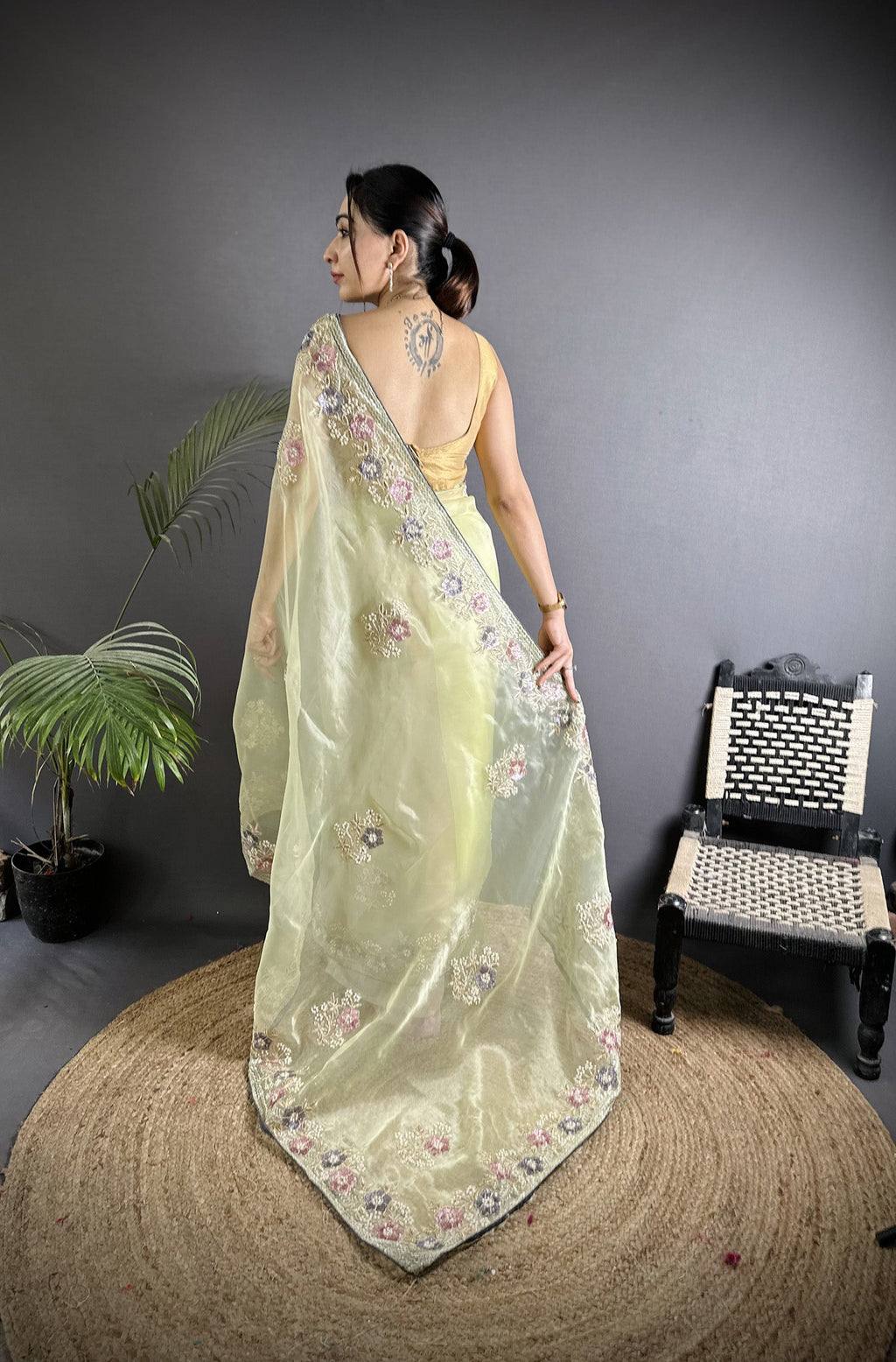 Joban Fashion Pale Prim Yellow Organza Silk Dubble Sequence Saree | Grocsy