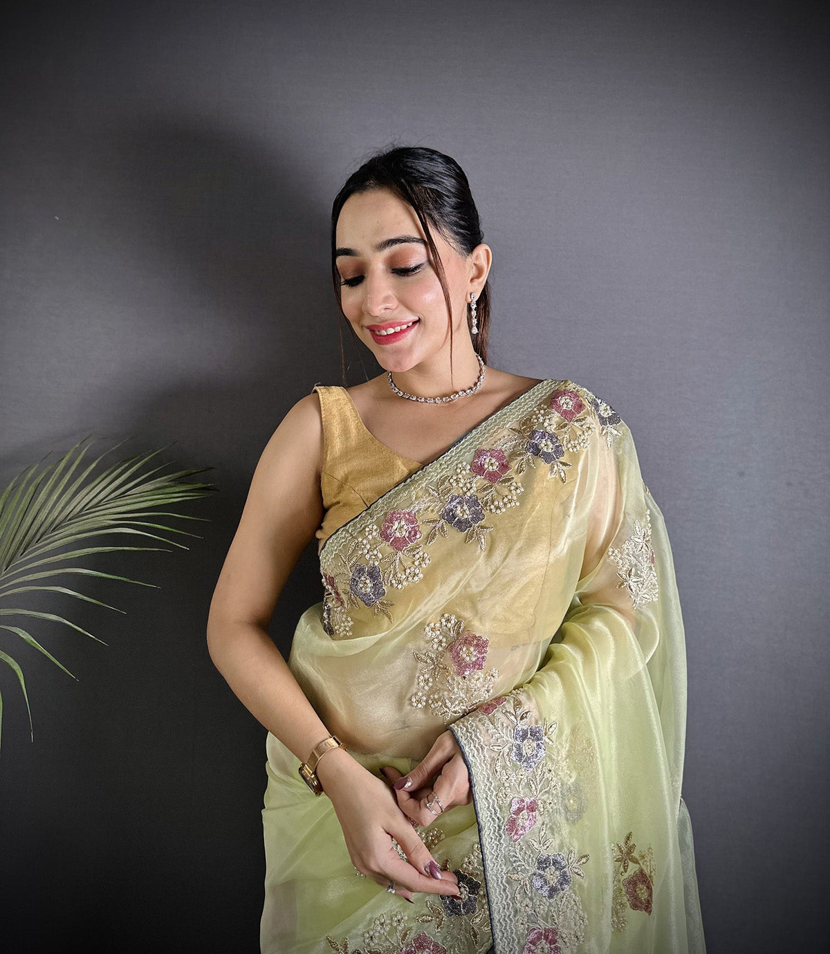 Joban Fashion Pale Prim Yellow Organza Silk Dubble Sequence Saree | Grocsy