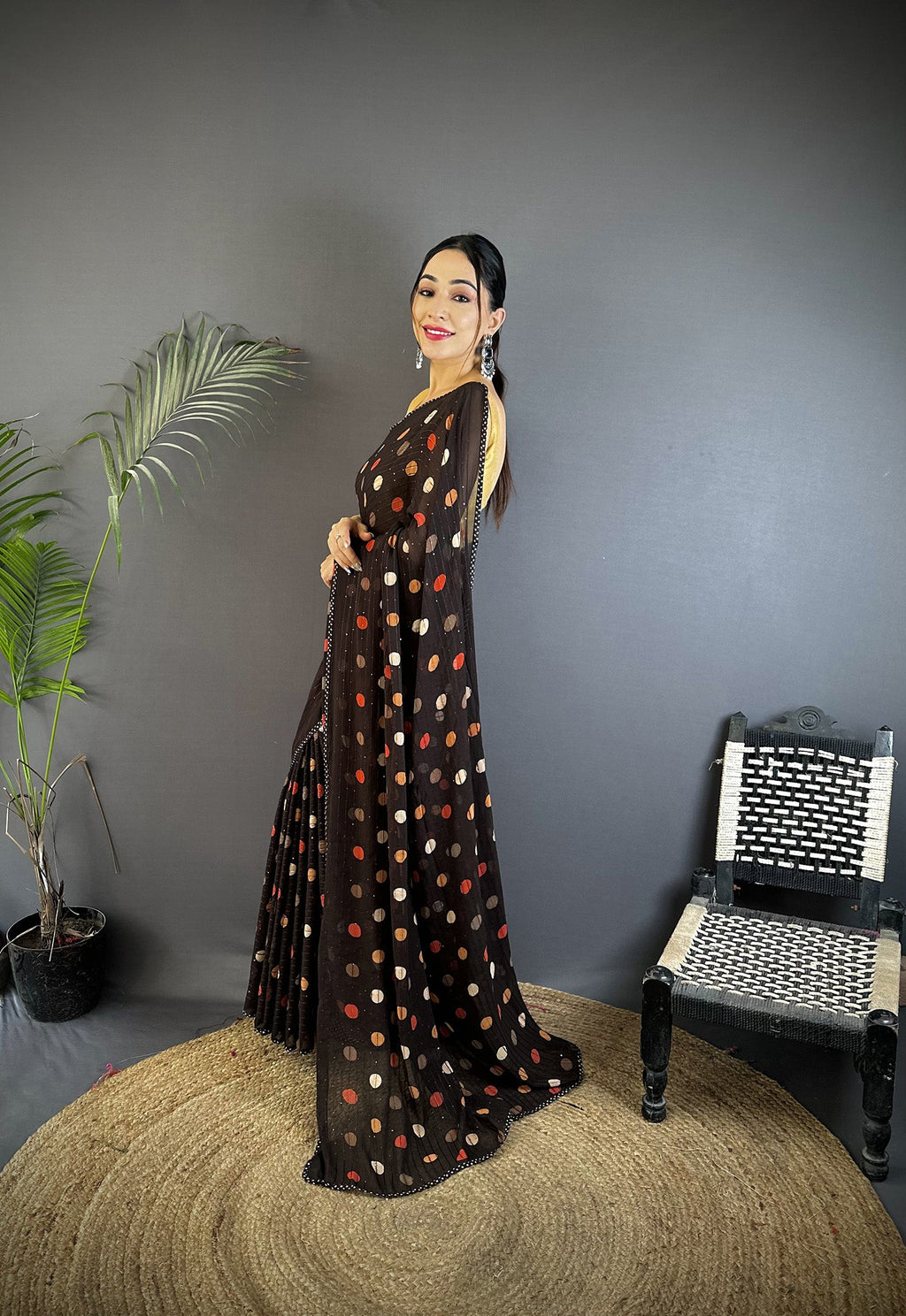 Joban Fashion Black Georgette Polka Dot Pattern Saree | Grocsy