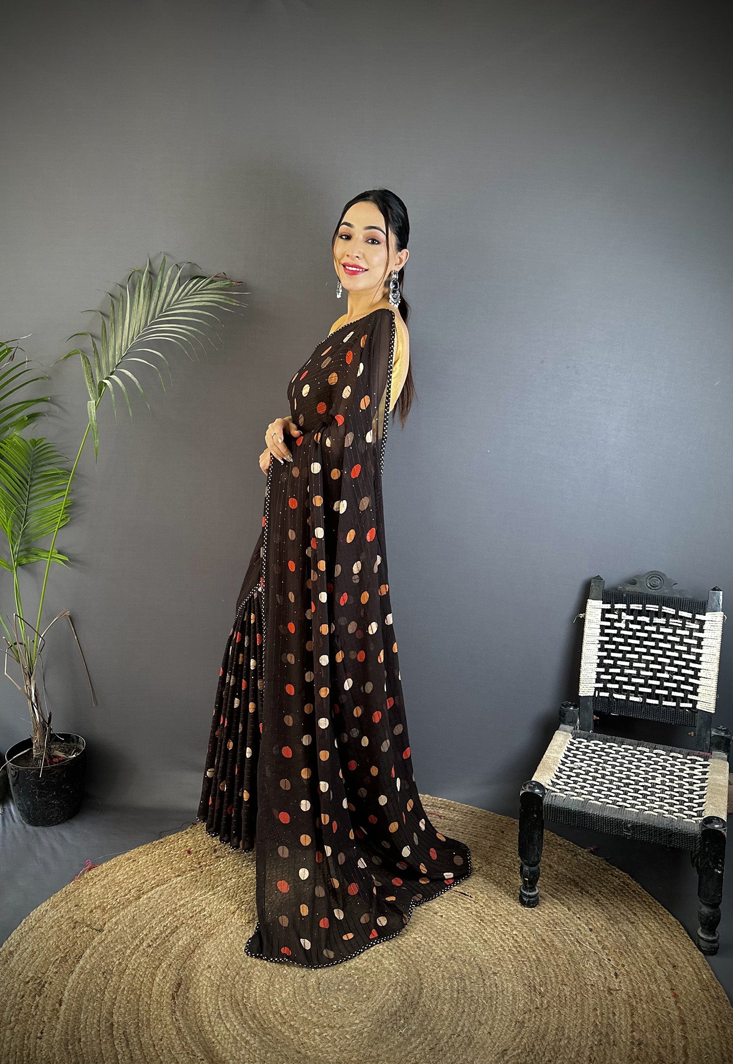 Joban Fashion Black Georgette Polka Dot Pattern Saree | Grocsy